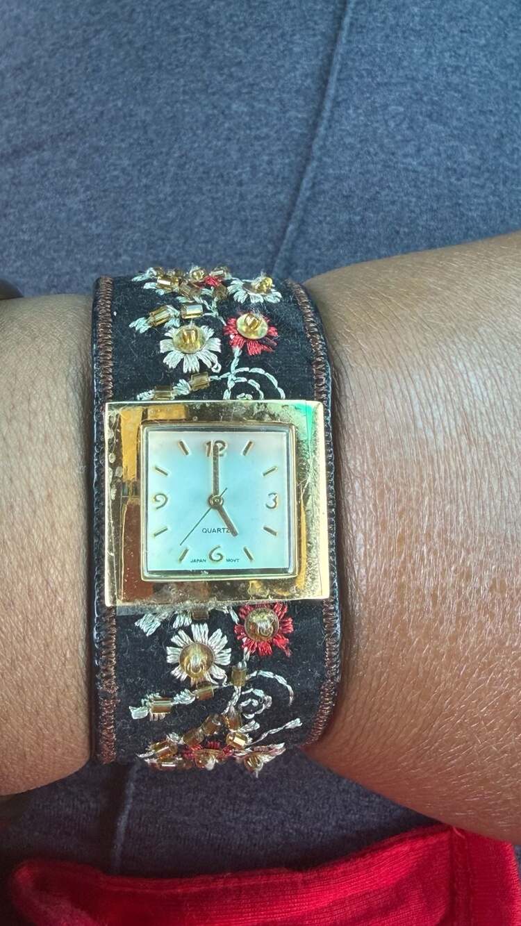 Vintage Avon Boho Floral Embroidered Wide Cuff Watch Beaded Sequined Square Gold
